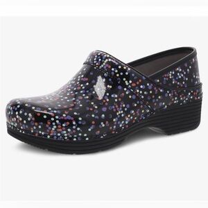 Dansko LT Pro Patent Confetti polka dot slip on clogs black multi color size 38